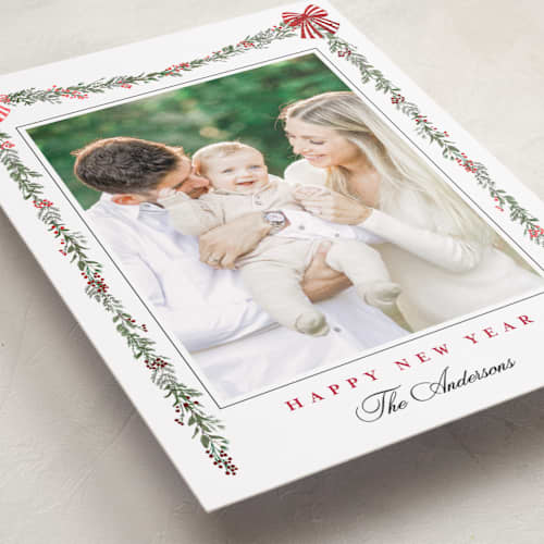 This is a candy cane foil pressed holiday cards with foil pressed by Susan Moyal called holly & bows printing on recycled smooth signature in standard