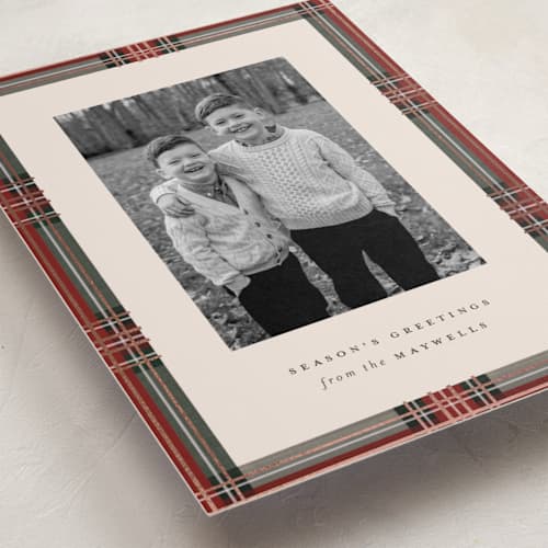 This is a antique foil pressed holiday cards with foil pressed by Olivia Kanaley Inman called highland holiday printing on recycled smooth signature in standard
