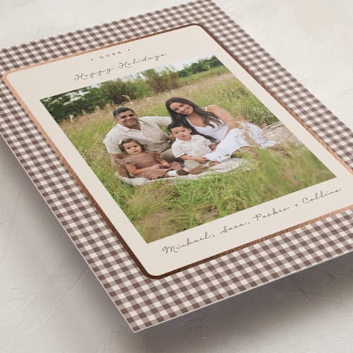 This is a gingerbread latte foil pressed holiday cards with foil pressed by Emily Betts called gingham vintage printing on recycled smooth signature in standard