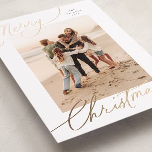 This is a snow foil pressed holiday cards with foil pressed by Everett Paper Goods called evoke printing on recycled smooth signature in standard