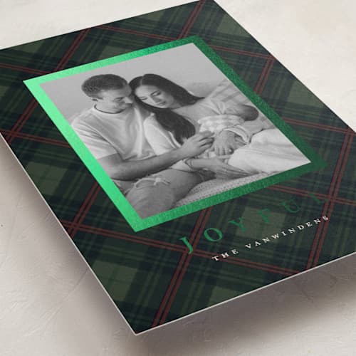 This is a pine foil pressed holiday cards with foil pressed by Olivia Kanaley Inman called balmoral green printing on recycled smooth signature in standard