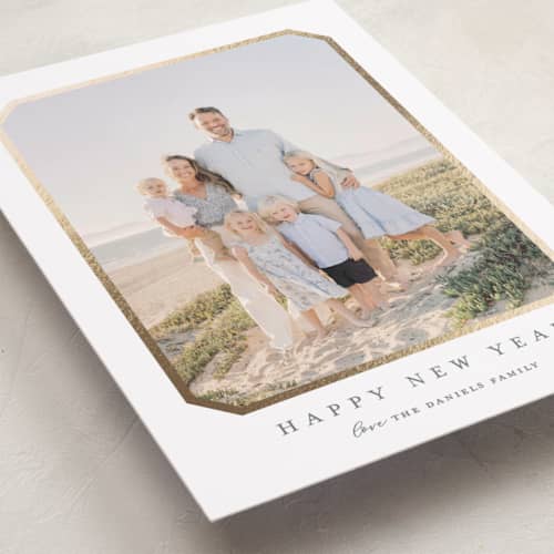 This is a ash foil pressed holiday cards with foil pressed by Carolyn MacLaren called vintage bevel printing on recycled smooth signature in standard