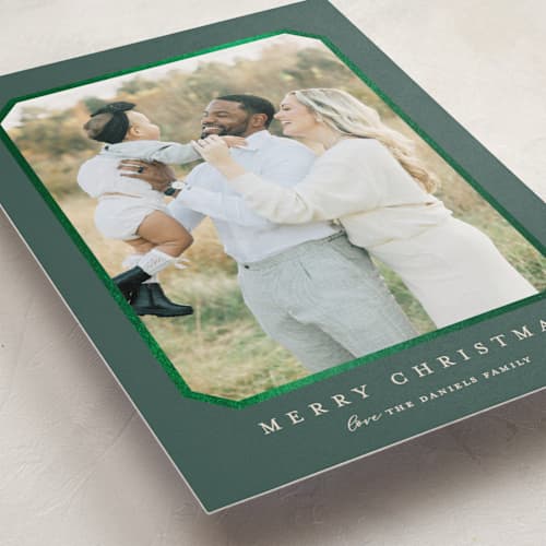 This is a spruce foil pressed holiday cards with foil pressed by Carolyn MacLaren called vintage bevel printing on recycled smooth signature in standard