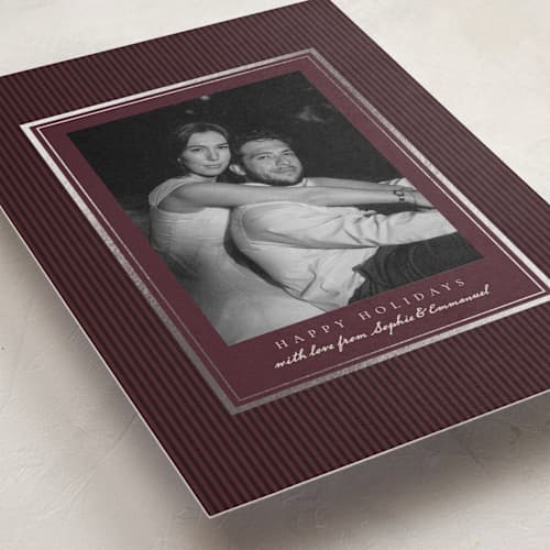 This is a wine foil pressed holiday cards with foil pressed by Elly called winter charm printing on recycled smooth signature in standard