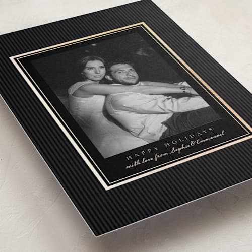 This is a midnight foil pressed holiday cards with foil pressed by Elly called winter charm printing on recycled smooth signature in standard