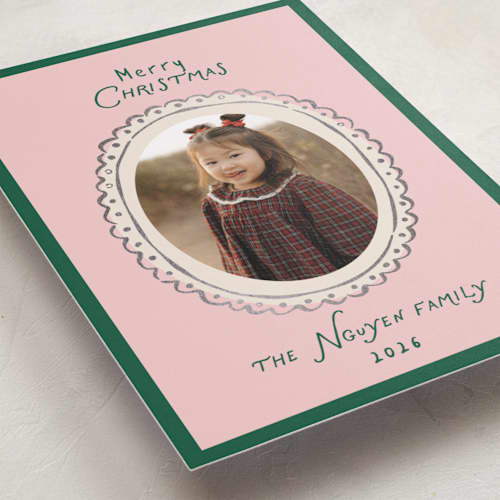 This is a evergreen foil pressed holiday cards with foil pressed by Design Lotus called doodle frame playful classic printing on recycled smooth signature in standard