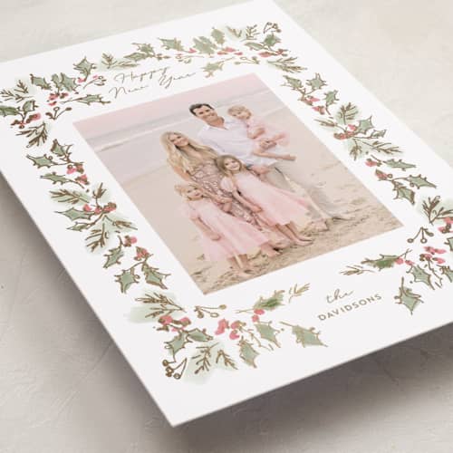 This is a snow foil pressed holiday cards with foil pressed by Rebecca Durflinger called sketched winter botanicals printing on recycled smooth signature in standard