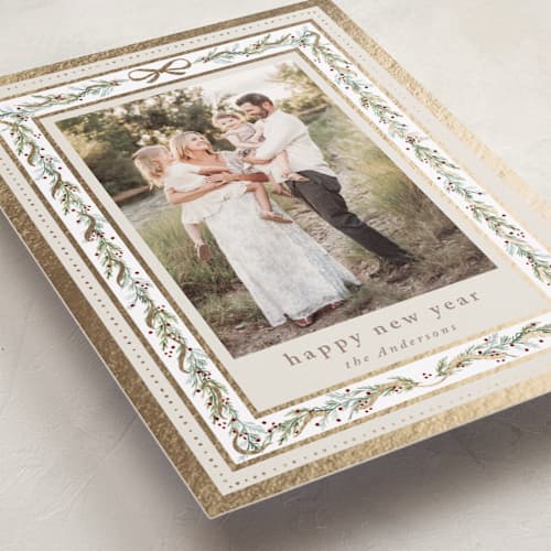 This is a ivory foil pressed holiday cards with foil pressed by Petra Kern called ever shine printing on recycled smooth signature in standard