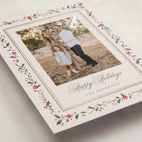 This is a cream foil pressed holiday cards with foil pressed by Erin L. Wilson called hawthorne printing on recycled smooth signature in standard