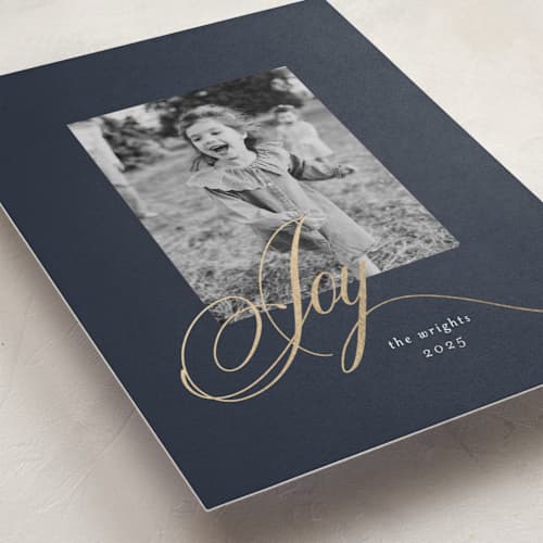 This is a midnight foil pressed holiday cards with foil pressed by Melinda Denison called joy printing on recycled smooth signature in standard