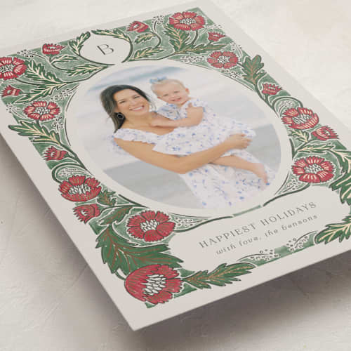 This is a poinsettia foil pressed holiday cards with foil pressed by Jen Owens called monogram nouveau printing on recycled smooth signature in standard