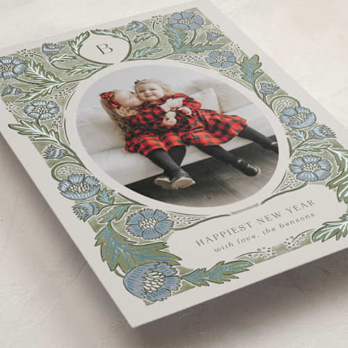 This is a frosty foil pressed holiday cards with foil pressed by Jen Owens called monogram nouveau printing on recycled smooth signature in standard