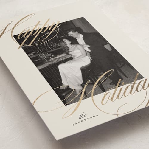 This is a cream foil pressed holiday cards with foil pressed by Carolyn Nicks called dreamy printing on recycled smooth signature in standard