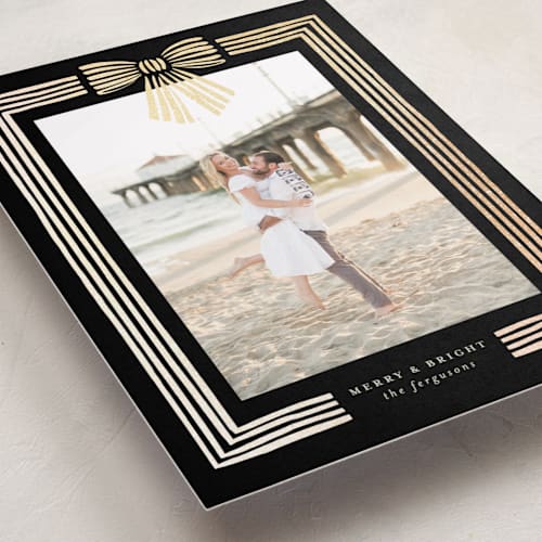 This is a midnight foil pressed holiday cards with foil pressed by Iveta Angelova called ribbon framed printing on recycled smooth signature in standard