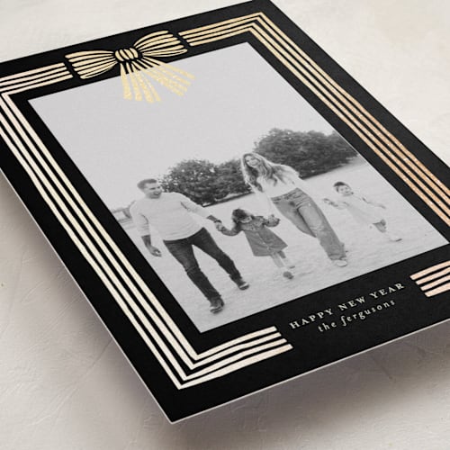 This is a midnight foil pressed holiday cards with foil pressed by Iveta Angelova called ribbon framed printing on recycled smooth signature in standard