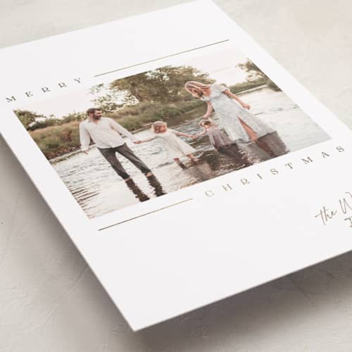 This is a snow foil pressed holiday cards with foil pressed by Robert and Stella called kent printing on recycled smooth signature in standard