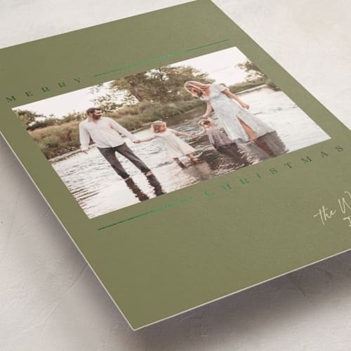 This is a olive foil pressed holiday cards with foil pressed by Robert and Stella called kent printing on recycled smooth signature in standard