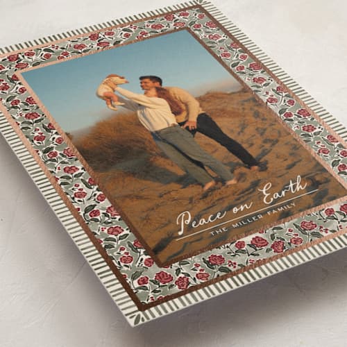 This is a pine foil pressed holiday cards with foil pressed by Jenna Holcomb called a cottage christmas printing on recycled smooth signature in standard