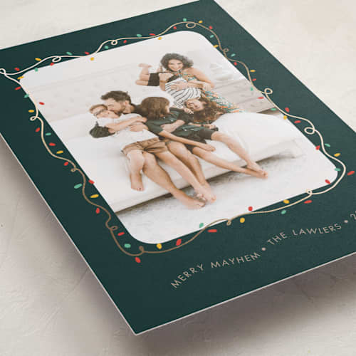 This is a forest foil pressed holiday cards with foil pressed by Holly Whitcomb called crazy lights printing on recycled smooth signature in standard