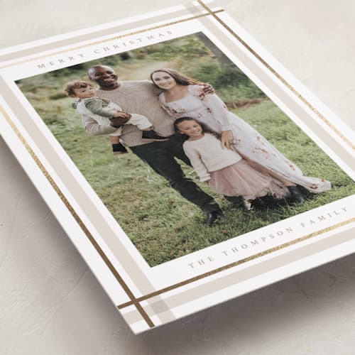 This is a tan foil pressed holiday cards with foil pressed by Ashley Presutti Beasley called traditional plaid printing on recycled smooth signature in standard