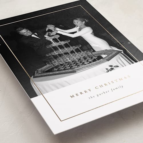 This is a snow foil pressed holiday cards with foil pressed by Brianne Larsen called classic border printing on recycled smooth signature in standard