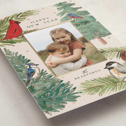 This is a cream foil pressed holiday cards with foil pressed by Amy Kross called birds & branches printing on recycled smooth signature in standard