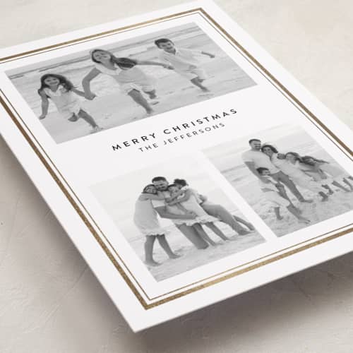 This is a snow foil pressed holiday cards with foil pressed by Lucrecia Caporale called classic keepsake printing on recycled smooth signature in standard