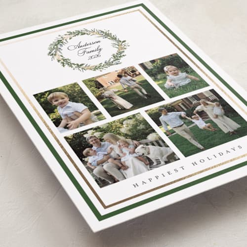This is a pine foil pressed holiday cards with foil pressed by Susan Moyal called greenery wreath printing on recycled smooth signature in standard
