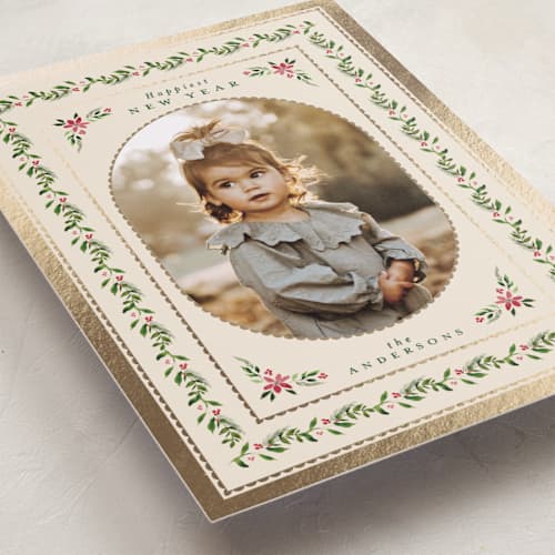 This is a eggnog foil pressed holiday cards with foil pressed by Jenna Holcomb called edelweiss printing on recycled smooth signature in standard