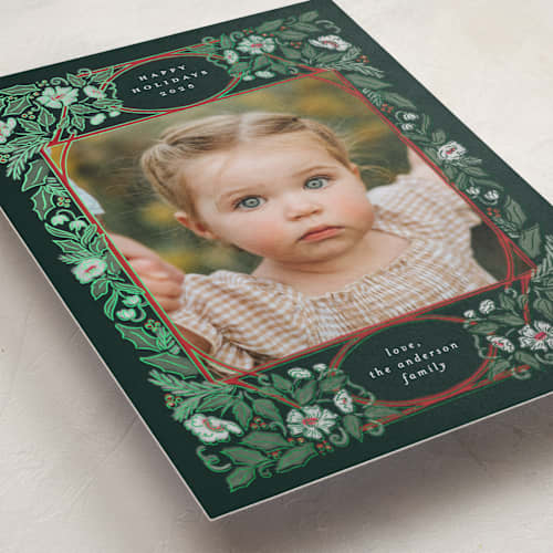 This is a deepest viridian foil pressed holiday cards with foil pressed by Simona Camp called blooms and berries printing on recycled smooth signature in standard