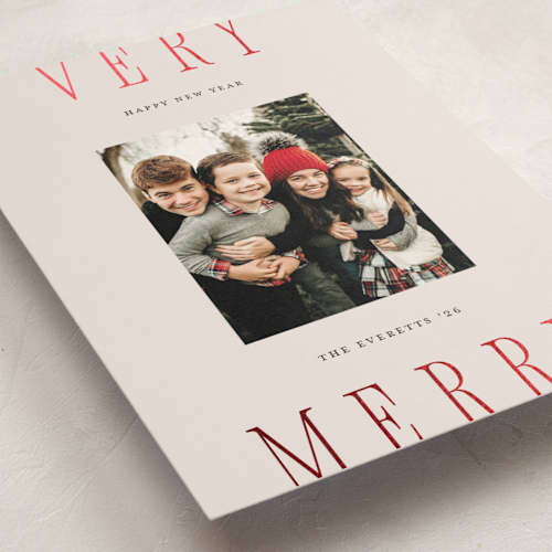 This is a eggnog foil pressed holiday cards with foil pressed by Chryssi Tsoupanarias called merry type printing on recycled smooth signature in standard