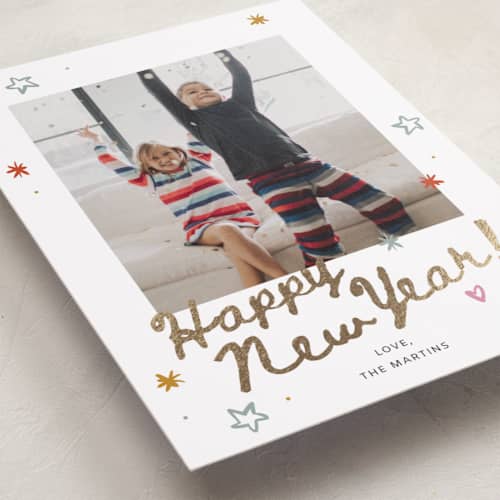 This is a confetti foil pressed holiday cards with foil pressed by Ani Somi called everything confetti printing on recycled smooth signature in standard