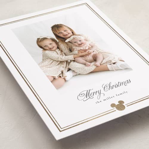 This is a sugar foil pressed holiday cards with foil pressed by Benita Crandall called disney's mickey traditions printing on recycled smooth signature in standard