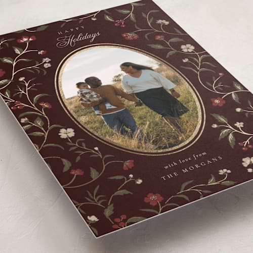 This is a wine foil pressed holiday cards with foil pressed by Elly called a gilded season printing on recycled smooth signature in standard
