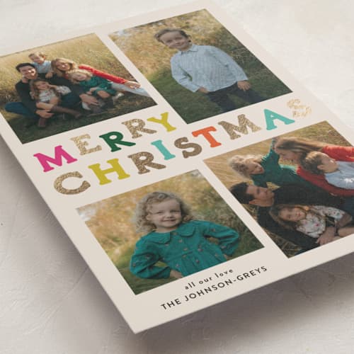 This is a bright foil pressed holiday cards with foil pressed by Inkblot Design called color coded spirit printing on recycled smooth signature in standard