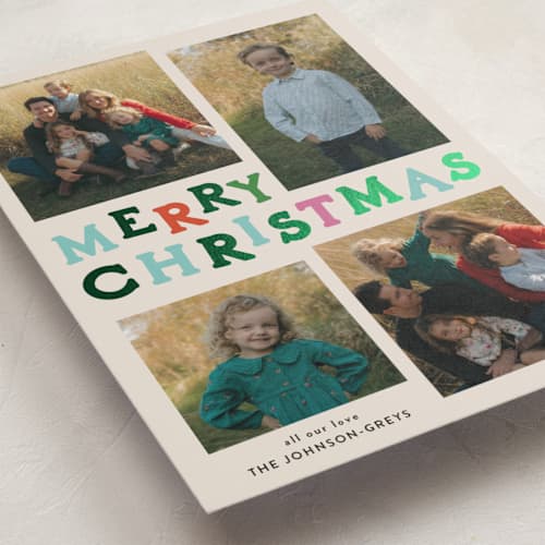 This is a fruitcake foil pressed holiday cards with foil pressed by Inkblot Design called color coded spirit printing on recycled smooth signature in standard
