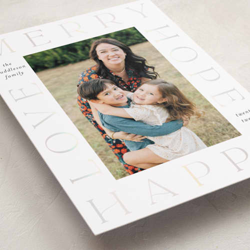 This is a snow gloss press holiday cards with gloss press by Lehan Veenker called framed in love printing on recycled smooth signature in standard