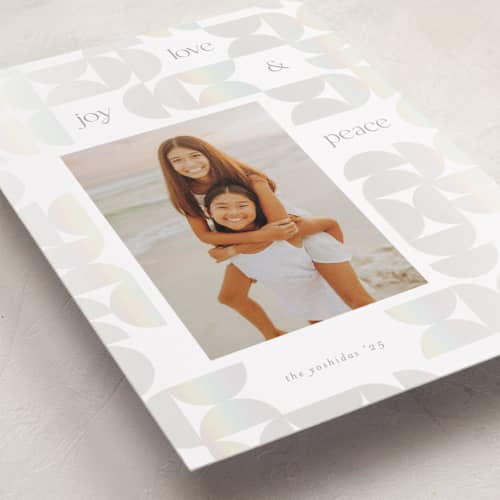 This is a frost gloss press holiday cards with gloss press by Lisa McLean called semi circle pieces printing on recycled smooth signature in standard