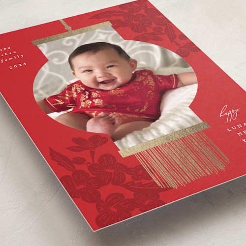 This is a crimson chinese new year cards with foil pressed by Corinne Malesic called new year lantern printing on recycled smooth signature in standard