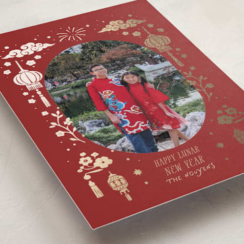 This is a berry chinese new year cards with foil pressed by Rina Ozum called happy lunar new year printing on recycled smooth signature in standard