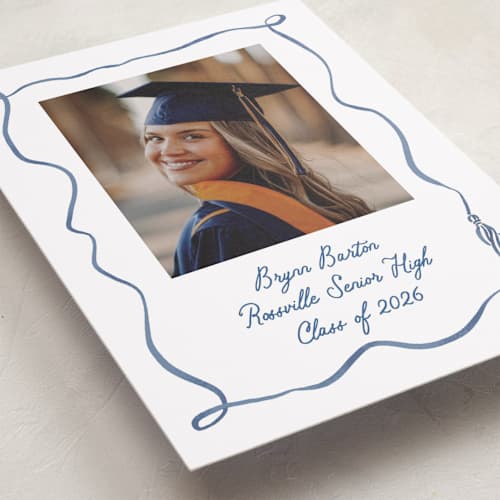 This is a cobalt graduation announcements with standard by Susan Zinader called sketched tassel frame printing on recycled smooth signature in standard