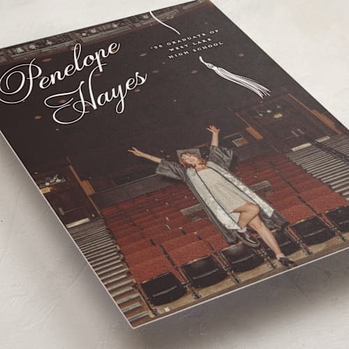 This is a snow graduation announcements with standard by Pixel and Hank called tassel type printing on recycled smooth signature in standard