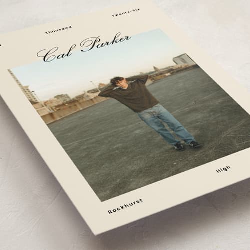 This is a sand graduation announcements with standard by Rachel Cassel called perfectly scripted printing on recycled smooth signature in standard