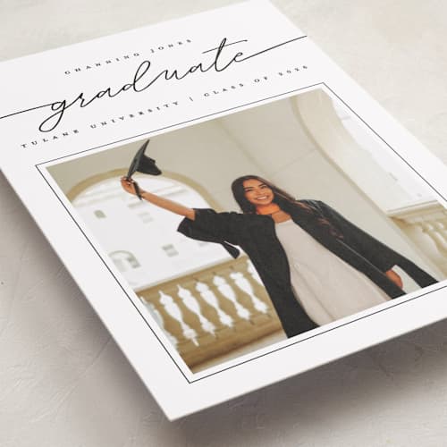 This is a tuxedo graduation announcements with standard by Pixel and Hank called simple details printing on recycled smooth signature in standard