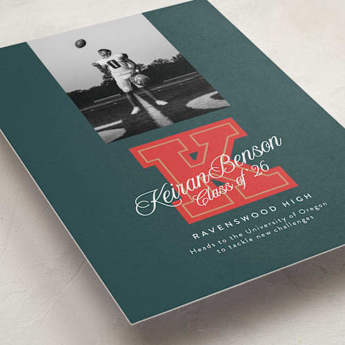 This is a forest graduation announcements with standard by Leia Matt called varsity initial printing on recycled smooth signature in standard