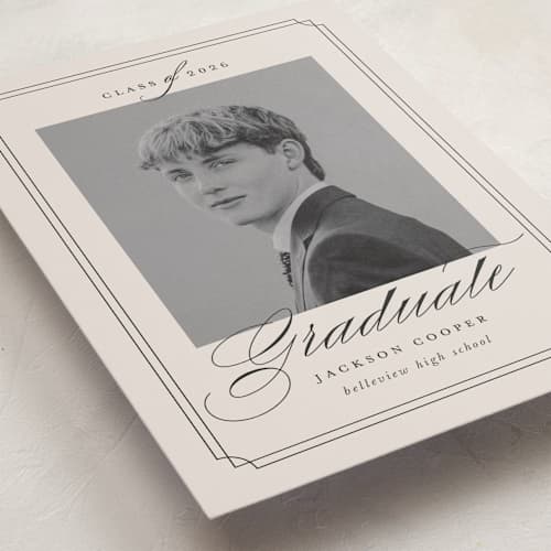This is a taupe graduation announcements with standard by Ashley Iwafuchi called refined grad printing on recycled smooth signature in standard