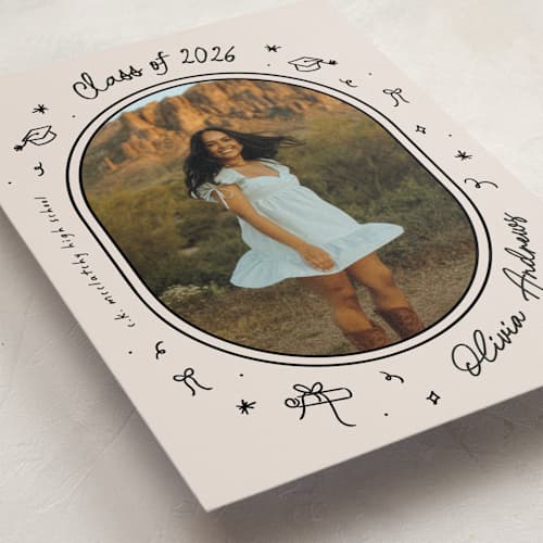 This is a onyx graduation announcements with standard by Ashley Iwafuchi called illustrated grad printing on recycled smooth signature in standard
