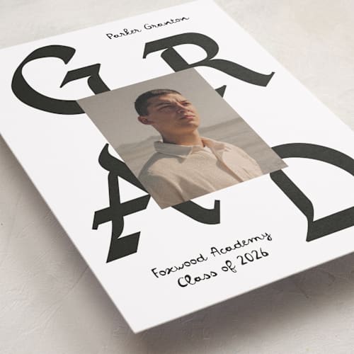 This is a cotton graduation announcements with standard by Chryssi Tsoupanarias called calligraphic ink printing on recycled smooth signature in standard