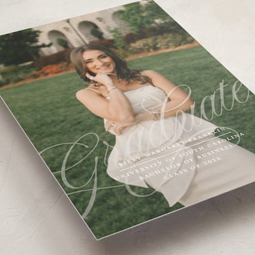 This is a pearl graduation announcements with standard by Paper Raven Co. called savannah script printing on recycled smooth signature in standard