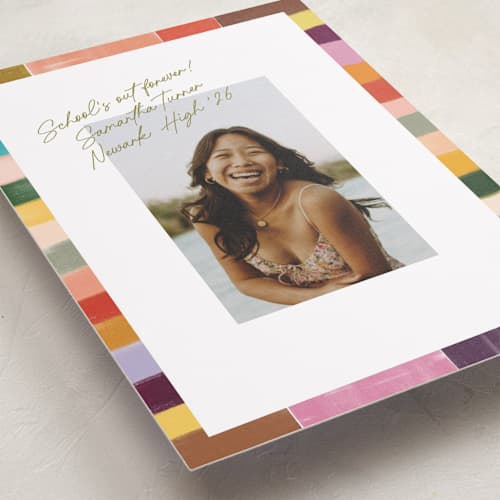 This is a olive graduation announcements with standard by Sierra Lee called colorful scallop printing on recycled smooth signature in standard